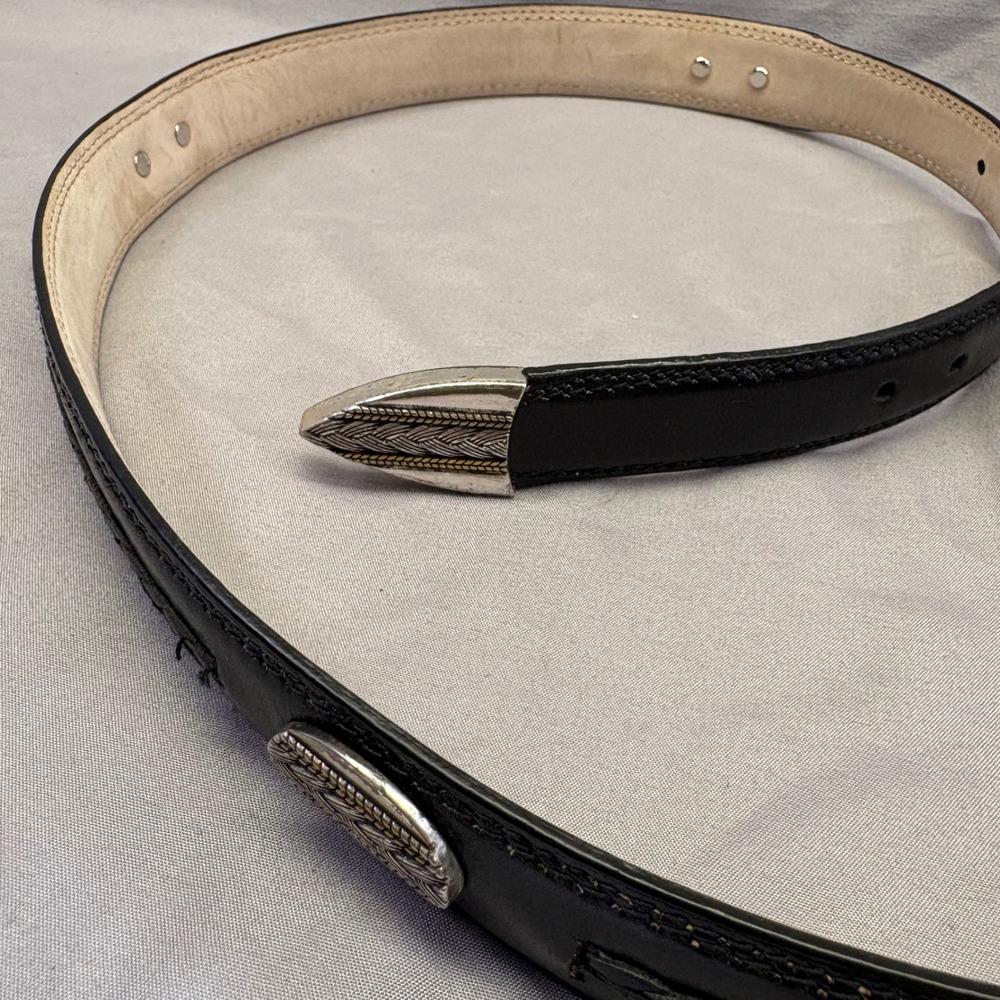 Vintage Western Black Genuine Leather Belt Braided Concho Silver Buckle Set 36 - Picture 3 of 5